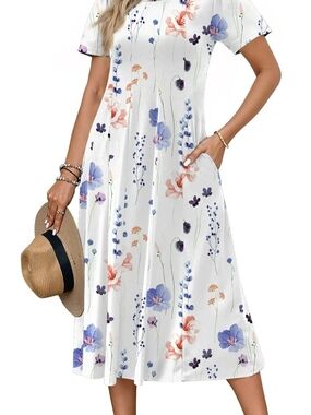 White Midi Dress with Purple & Coral Floral Print